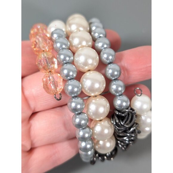 Pink Gray Faux Pearl Beaded Coil Bracelet Gray Metal Chain Wide 7.5" - Picture 4 of 9